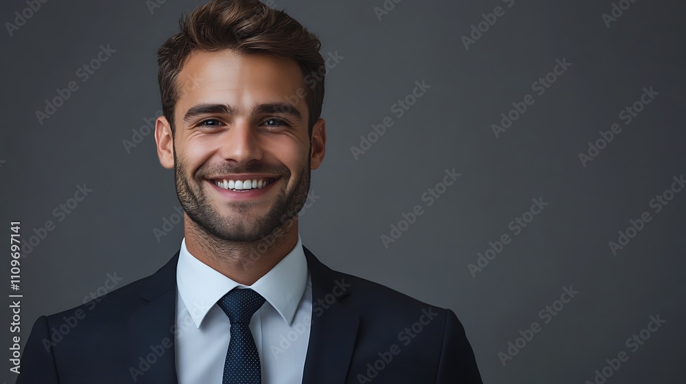 Businessman smiling confidently, in a suit and tie, isolated on a grey background. 32k, full ultra hd, high resolution Businessman smiling confidently, in a suit and tie, isolated on a grey background. 32k, full ultra hd, high resolution