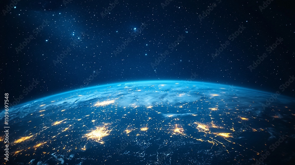 Obraz premium Earth at night, seen from space, with city lights illuminating continents.