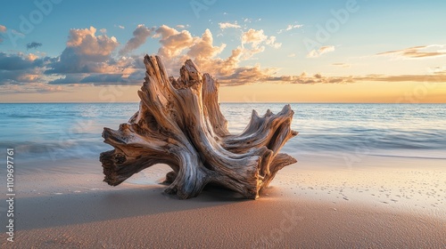 Sunset over the ocean with driftwood washed ashore