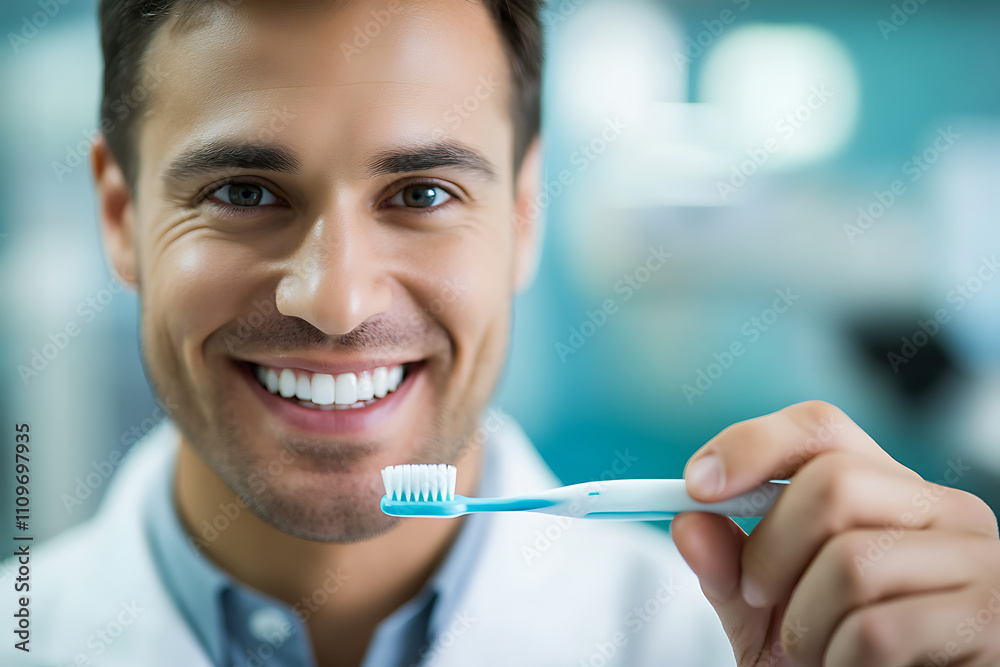 A professional and friendly dentist is standing in a modern, clean clinic, smiling warmly. They are holding a toothbrush in one hand and toothpaste in the other