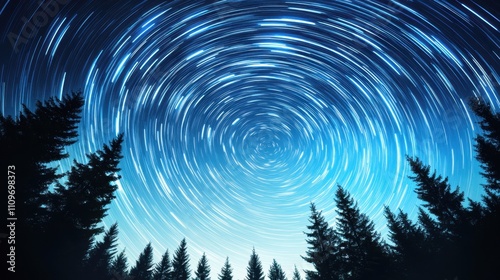 Spring Night Sky Illuminated by Lyrid Meteors With Silhouetted Trees Creating a Magical Atmosphere photo