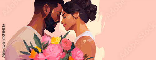 Sketchy modern and colorful illustration of multi ethnic couple. Valentine's Day concept banner with copy space