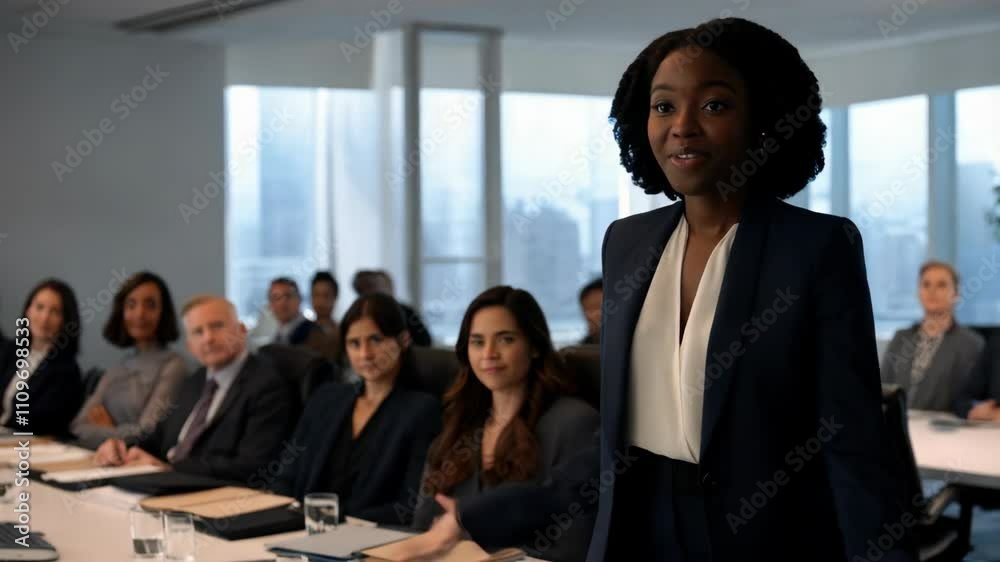 A confident Black woman stands and delivers a presentation in a corporate meeting room while colleagues engage with her A confident Black woman stands and delivers a presentation in a corporate meeting room while colleagues engage with her