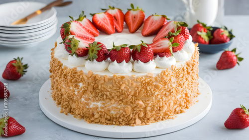 Create an airy strawberry cake decorated with layers of whipped cream and fresh strawberries. The sides are coated with crushed biscuit crumbs for texture. photo