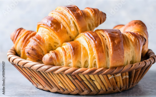 Basket filled with freshly baked croissants. photo