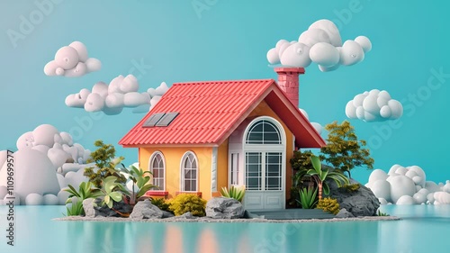 A cute cartoon house on a small island