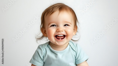 Cheerful baby girl in a t-shirt, showing her teeth while laughing, set against a pure white background, high resolution