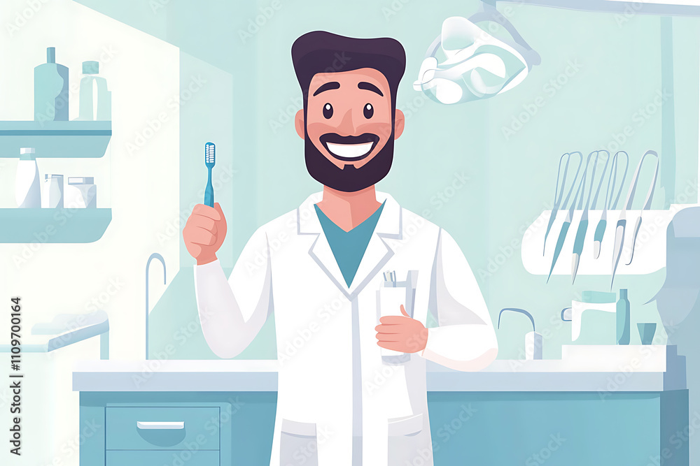 A professional and friendly dentist stands in a modern clean clinic, smiling warmly. They hold a toothbrush in one hand and toothpaste in the other, dressed in a clean white coat that accentuates thei A professional and friendly dentist stands in a modern clean clinic, smiling warmly. They hold a toothbrush in one hand and toothpaste in the other, dressed in a clean white coat that accentuates thei