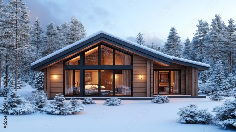 Cozy Cabin in a Snowy Winter Forest with Illuminated Windows Cozy Cabin in a Snowy Winter Forest with Illuminated Windows