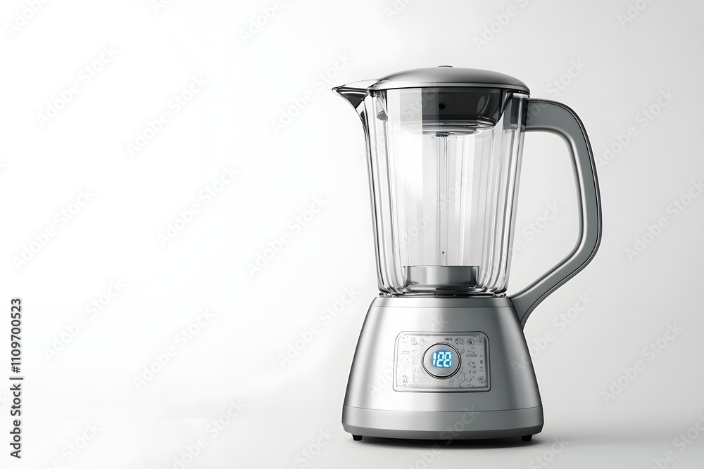 Realistic silver blender with LED display on a clean white background,Sleek kitchen appliance image with space for text. Realistic silver blender with LED display on a clean white background,Sleek kitchen appliance image with space for text.