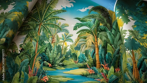 Tropical wallpaper, Tropic trees and leaves, wallpaper design for digital printing- 3d illustration