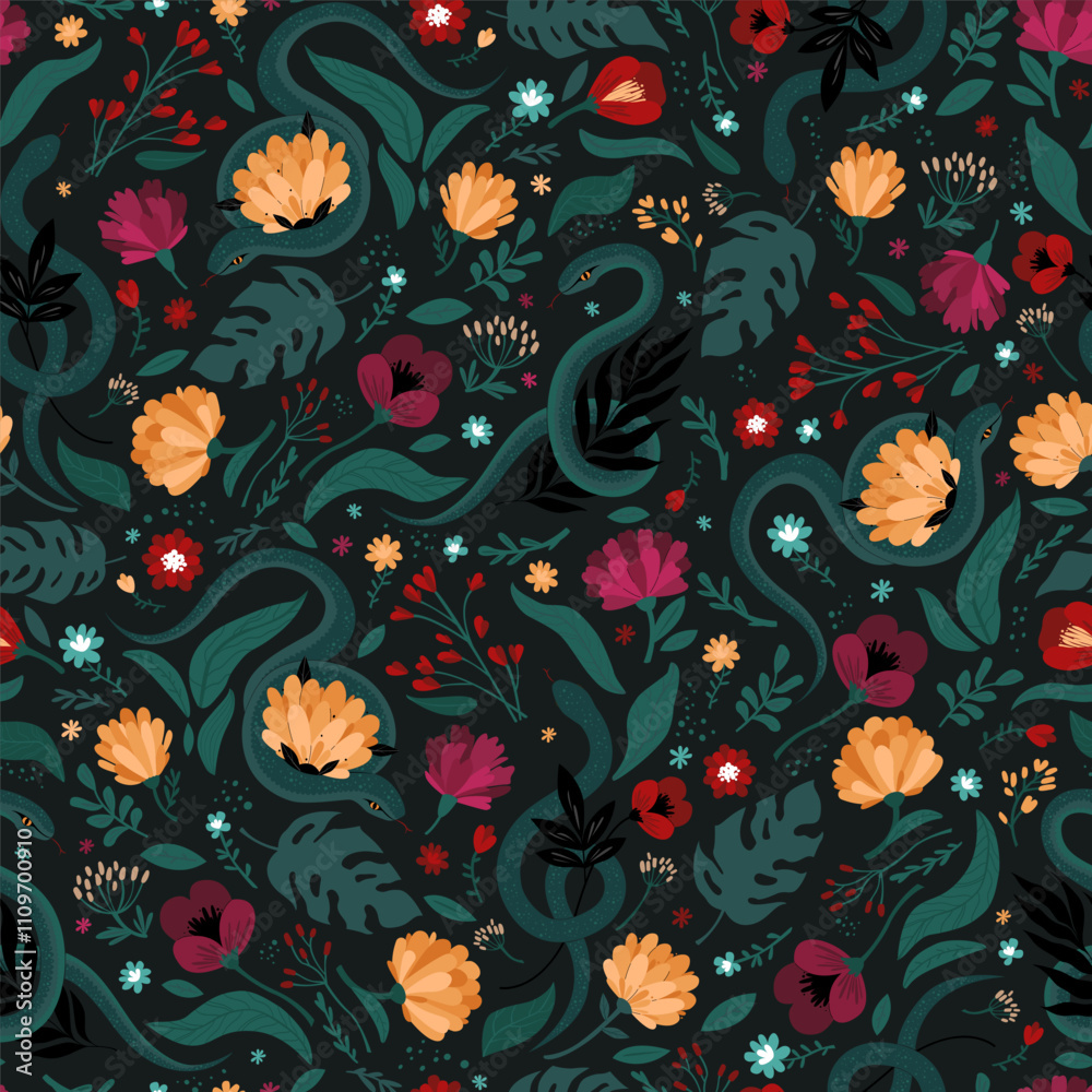 Seamless pattern of flowers and snakes on dark background.