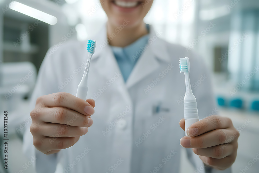 A professional and friendly dentist stands in a modern clean clinic, smiling warmly. They hold a toothbrush in one hand and toothpaste in the other, dressed in a clean white coat that accentuates thei A professional and friendly dentist stands in a modern clean clinic, smiling warmly. They hold a toothbrush in one hand and toothpaste in the other, dressed in a clean white coat that accentuates thei