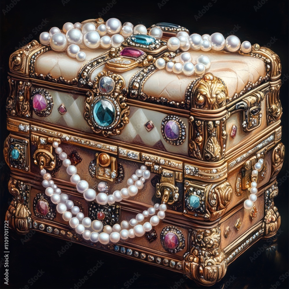 Ornate treasure chest adorned with jewels and pearls, designed for storing valuables. Ornate treasure chest adorned with jewels and pearls, designed for storing valuables.
