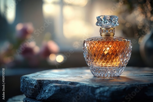 A sleek glass perfume bottle reflecting elegance. The sharp detail of the design against a blurred background. Banner with space for text photo