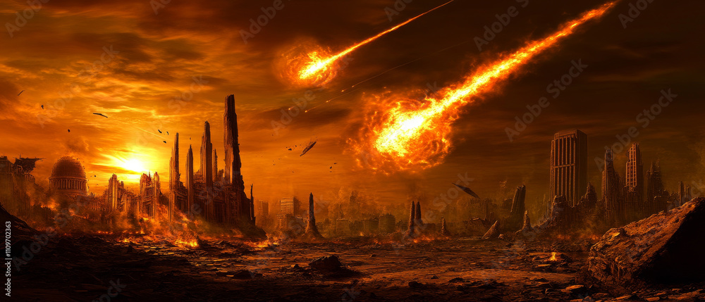 meteor shower rains fiery debris on city skyline at sunset. meteor shower rains fiery debris on city skyline at sunset.