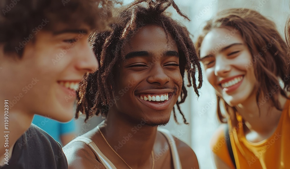 A group of diverse young people laughing and enjoying a sunny day outdoors, expressing happiness and friendship with genuine smiles A group of diverse young people laughing and enjoying a sunny day outdoors, expressing happiness and friendship with genuine smiles