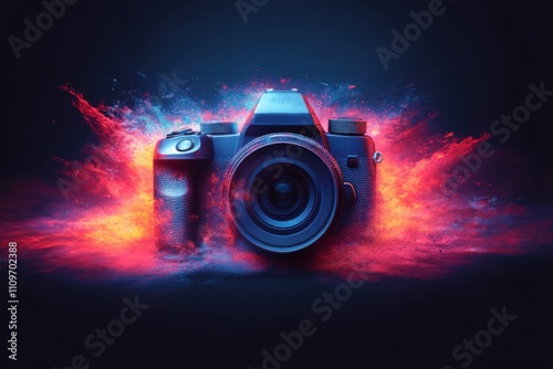 A camera lens in sharp detail against a backdrop of colorful splashes. A creative and vibrant design for photography concepts. Banner with space for text photo