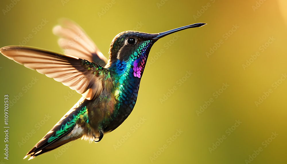 Fototapeta premium Hummingbird hovering in motion with outstretched wings and bright plumage.