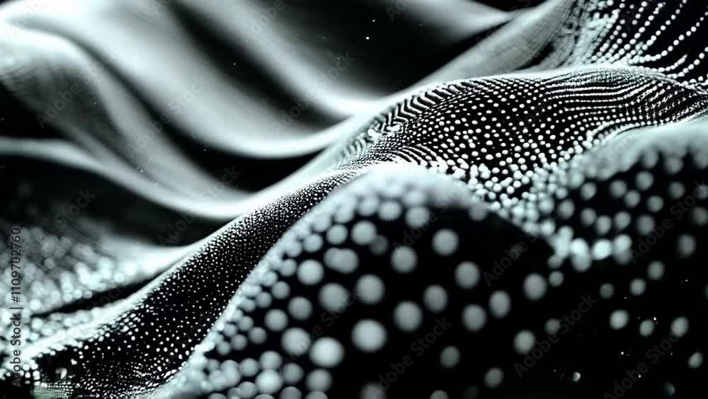 Close-up of an abstract black wave pattern with white dots, soft edges, evoking movement and texture in a minimalistic, hight detalisation