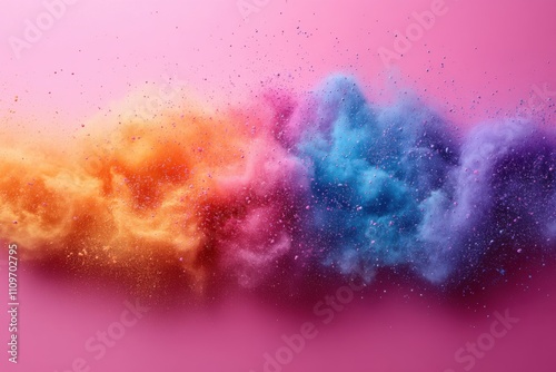 A vibrant cloud of multicolored sand suspended in the air against a pink background. A dynamic and bright design for creative banners photo