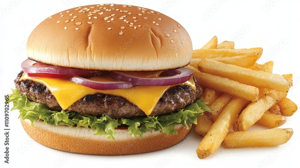 A hamburger with cheese, lettuce, onions, and fries, served on a plate. A hamburger with cheese, lettuce, onions, and fries, served on a plate.