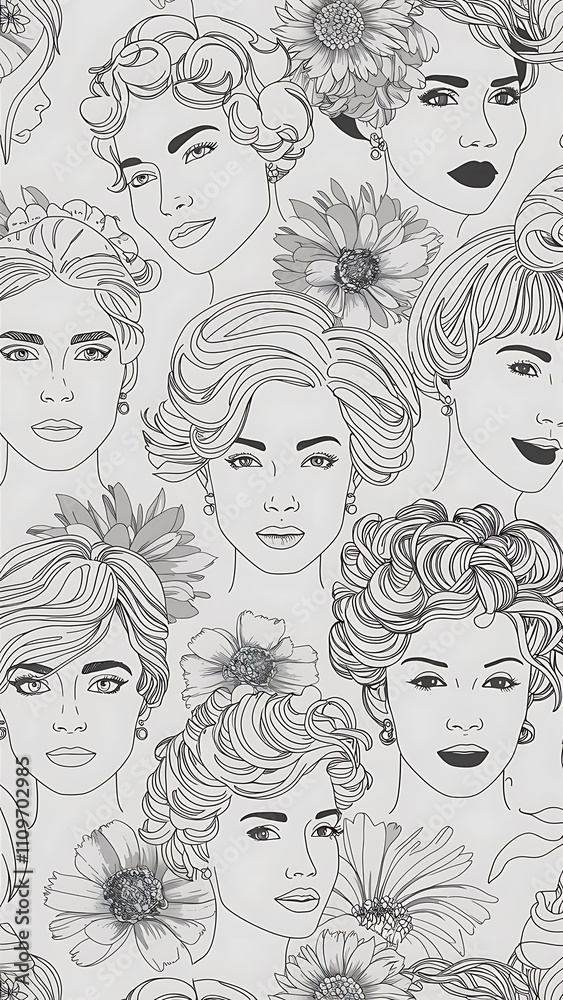 Seamless pattern line drawing of women with different faces and floral flowers. Seamless pattern line drawing of women with different faces and floral flowers.