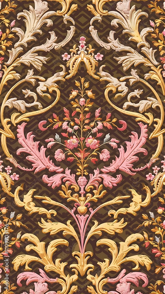 Wallpaper baroque, damask. Stylish graphic pattern. Floral pattern. Seamless raster background. Golden elements on brown, pink and yellow colors. Wallpaper baroque, damask. Stylish graphic pattern. Floral pattern. Seamless raster background. Golden elements on brown, pink and yellow colors.