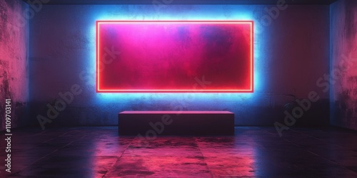 A glowing neon lamp surrounded by mist on a deep dark background. A futuristic and bold design perfect for advertising. Banner with space for text photo