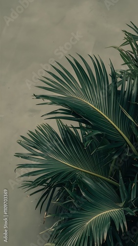 Close up view of palm leaves isolated on grey background
