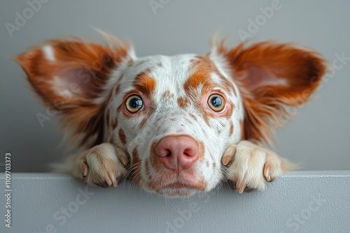 A curious and surprised dog on a clean beige background. A playful and charming representation of pets. Banner with space for text photo