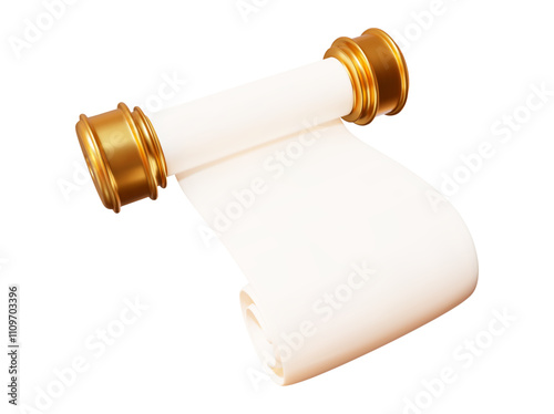 3d old parchment paper scroll icon. Gold and white colors. Stock vector illustration on isolated background. 