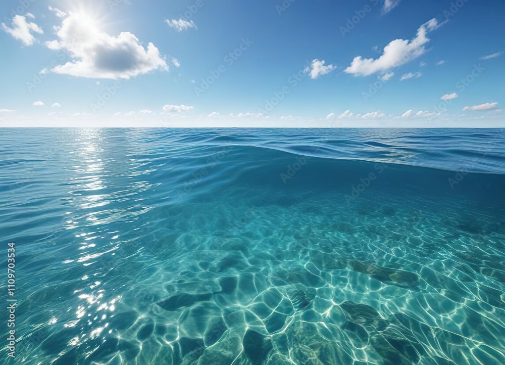 Clear blue ocean water surface with sky reflection, surface, sunny Clear blue ocean water surface with sky reflection, surface, sunny