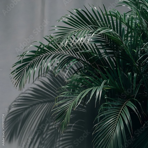 Close up view of palm leaves isolated on grey background