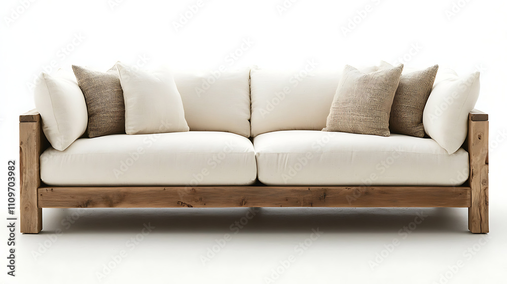 A large white couch with brown pillows and wooden legs A large white couch with brown pillows and wooden legs