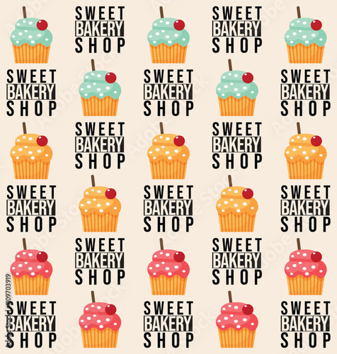 seamless pattern with cupcakes for sweet bakery shop flat illustration