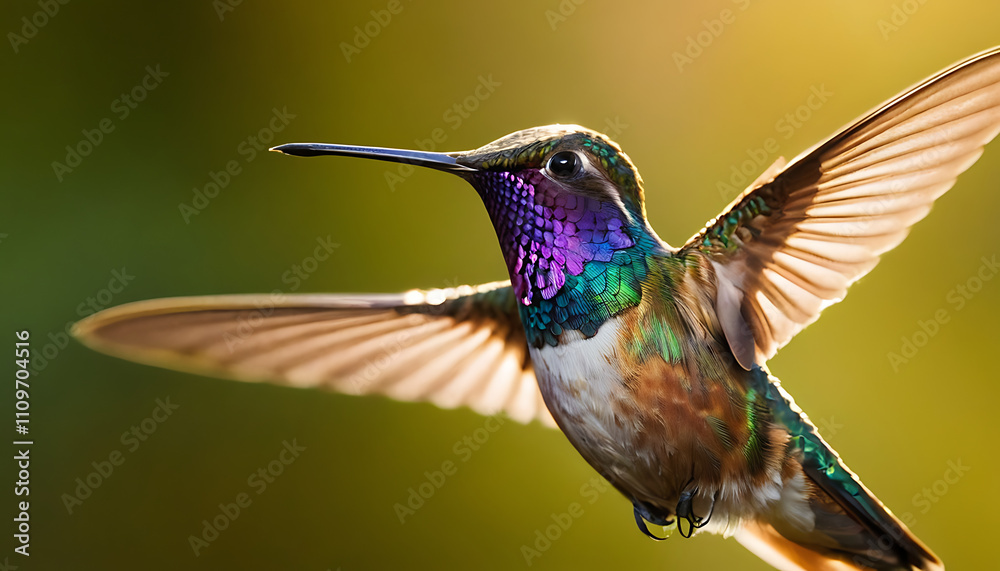 Fototapeta premium A shimmering hummingbird mid-flight with an iridescent green and purple body.