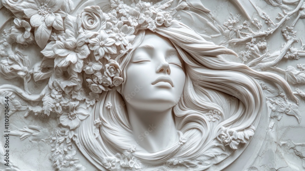 Serene woman's face sculpted in white, surrounded by flowers. Serene woman's face sculpted in white, surrounded by flowers.