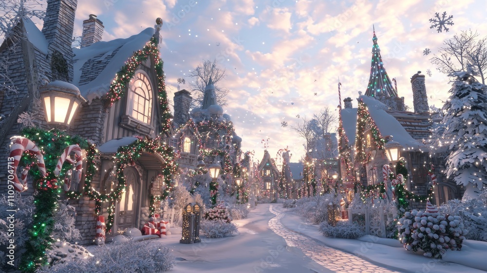 Naklejka premium Enchanting Christmas Village with Candy Cane Lampposts and Mythical Beings Amid Shimmering Snowflakes - Ultra-Detailed Festive Scene