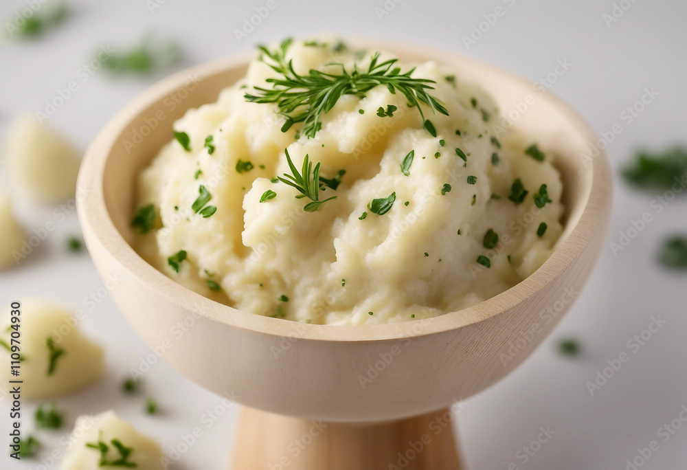 Dill flavored mashed potatoes in a wooden spoon on white background Dill flavored mashed potatoes in a wooden spoon on white background