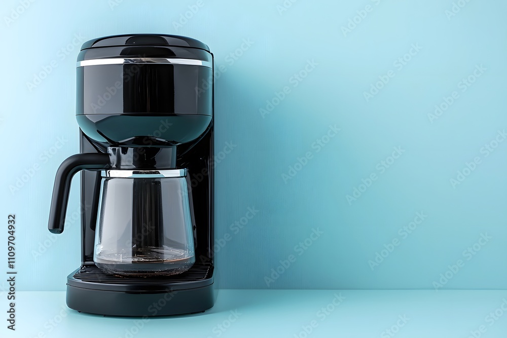 Sleek black coffee maker with chrome accents on a light blue background Sleek black coffee maker with chrome accents on a light blue background
