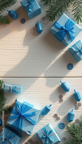 A charming arrangement of blue-wrapped gifts and dreidels is beautifully displayed on a light wooden surface, surrounded by fresh green pine branches. The soft shadows cast by the gifts and the photo