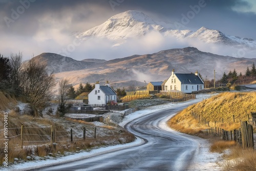 Melancholy landscape near Kinlochbervie with clouds and mountains in Sutherland\'s northwest coast photo