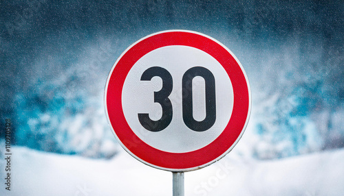 Round traffic sign 30 km/h maximum, speed limit for speeding vehicles. Winter snowy background. photo