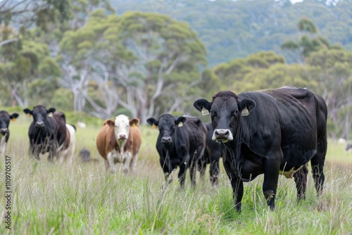 Australian cattle breeds grazing on grass in spring and summer.