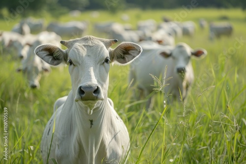 white Nelore cattle in the pasture photo