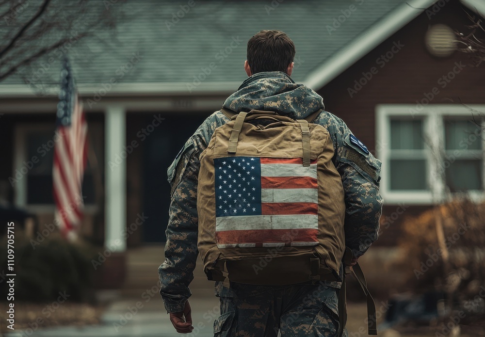Fototapeta premium American soldier with flag patch backpack standing outside a suburban home, showcasing strength and patriotism in military life