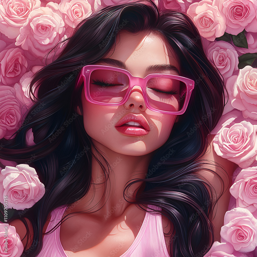a beautiful girl with long wavy gorgeaous black hair. She is wearing square pink glasses and a pink tank top. There are pink and white roses all around her. She is at peace.
a beautiful girl with long wavy gorgeaous black hair. She is wearing square pink glasses and a pink tank top. There are pink and white roses all around her. She is at peace.