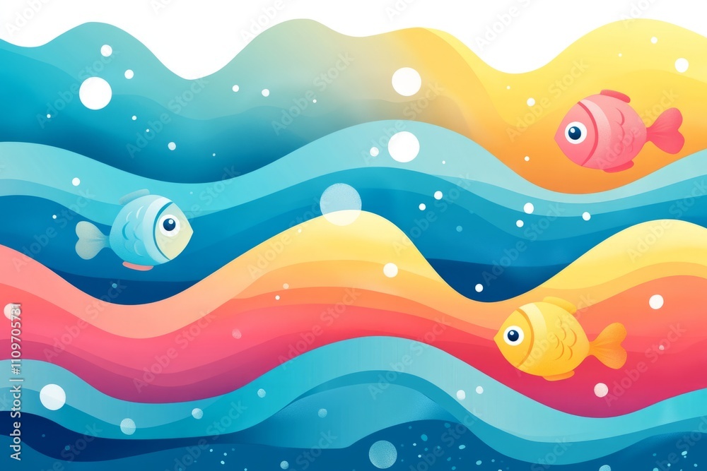 Three colorful fishes swimming in a stylized rainbow ocean with waves, bubbles and sparkles, a joyful cartoon illustration for kids Three colorful fishes swimming in a stylized rainbow ocean with waves, bubbles and sparkles, a joyful cartoon illustration for kids
