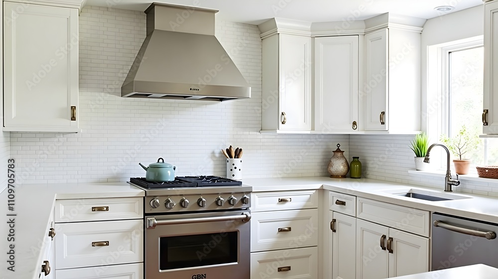 Fototapeta premium Minimalist White Kitchen with Subway Tile Backsplash (Interior Design)